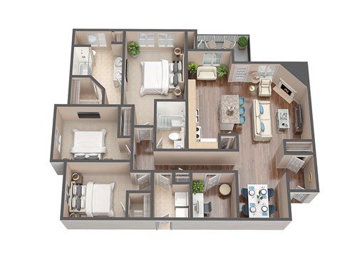A 3D rendered image of a house layout.